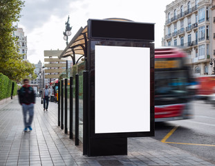 Mock up Poster template at Bus station Billboard Banner Advertising Media outdoor Sign People walking in street city 