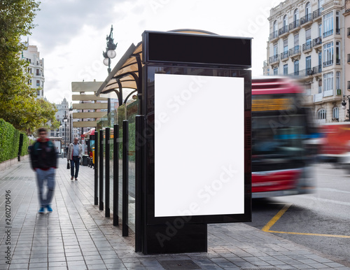Mock up Poster template at Bus station Billboard Banner Advertising Media outdoor Sign People walking in street city  photo