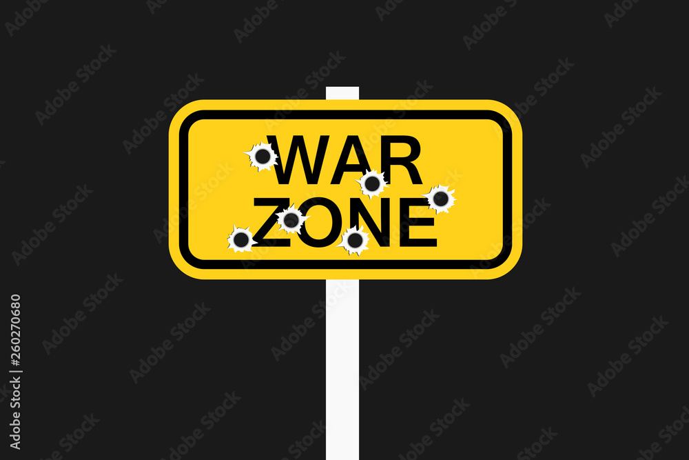 War zone - dangerous area of military armed conflict. Danger of being shot by weapon and gun fire. Vector illustration War zone - dangerous area of military armed conflict. Danger of being shot by weapon and gun fire. Vector illustration