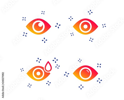 Eye icons. Water drops in the eye symbols. Red eye effect signs. Random dynamic shapes. Gradient eye icon. Vector