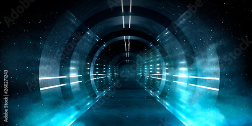 Abstract tunnel, corridor with rays of light and new highlights. Abstract blue background, neon. Scene with rays and lines, Round arch, light in motion, night view.