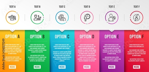 Find user, People talking and Waiting icons simple set. Business growth, Messenger mail and Person info signs. Search person, Contact service. People set. Infographic template. 6 steps timeline
