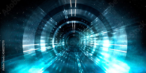 Abstract tunnel, corridor with rays of light and new highlights. Abstract blue background, neon. Scene with rays and lines, Round arch, light in motion, night view.