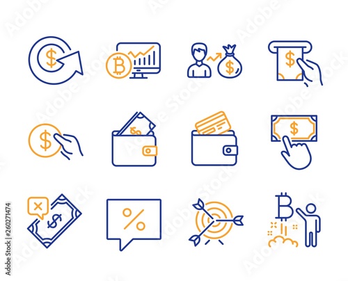 Wallet, Dollar exchange and Atm service icons simple set. Discount message, Rejected payment and Bitcoin chart signs. Sallary, Payment and Target symbols. Debit card, Bitcoin project. Line wallet icon