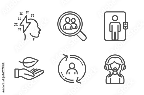 User info, Search employees and Brainstorming icons simple set. Leaf, Elevator and Support signs. Update profile, Staff analysis. People set. Line user info icon. Editable stroke. Vector