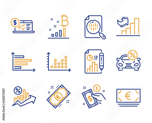 Analytics chart, Online accounting and Report document icons simple set. Dot plot, Horizontal chart and Car leasing signs. Euro money, Payment method and Loan percent symbols. Vector