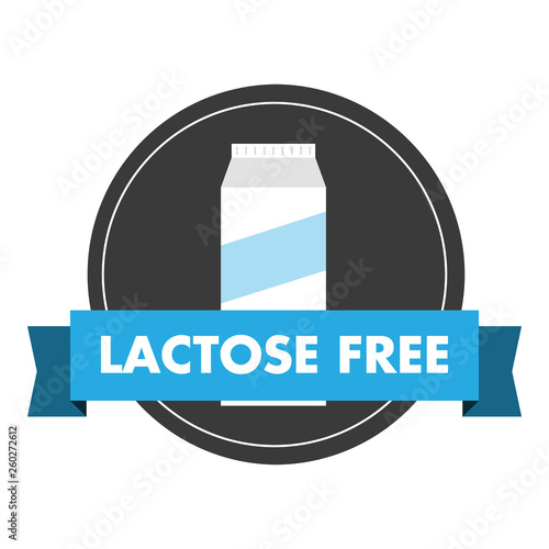 Modern style lactose free badge with milk and ribbon isolated on white. Lactose intolerance emblem.