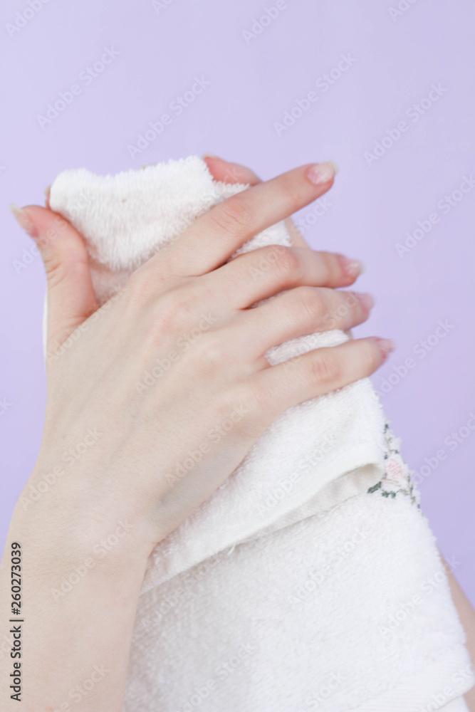 beautiful hands of a girl white towel cream white background beautiful hands of a girl white towel cream white background