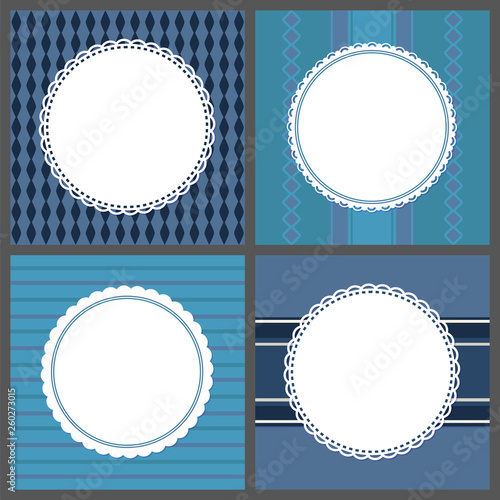 Retro ornamental round frames isolated ob blue background with rhombus, stripes and lines. Vector posters with spare place for text, greeting cards templates