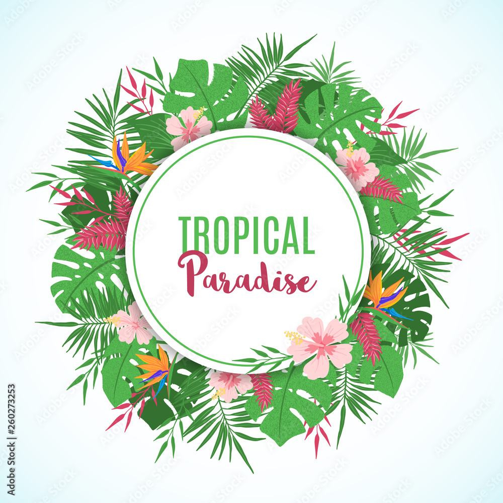 Frame with exotic tropical leaves and flowers. Frame with exotic tropical leaves and flowers.