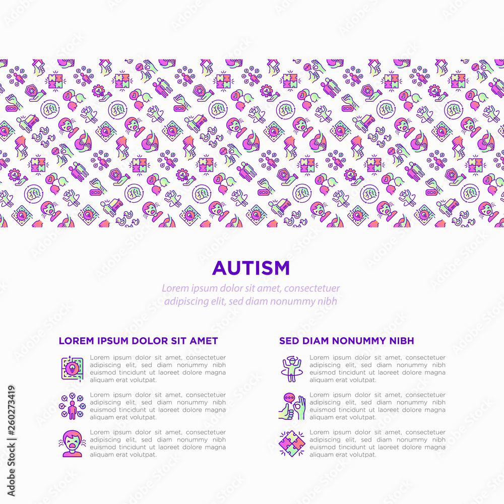 Autism concept, symptoms and adaptive skills thin line icons: repetitive behavior, stereotypy, ignoring of danger, autoaggression, hysterics, communication, social interaction. Vector illustration.