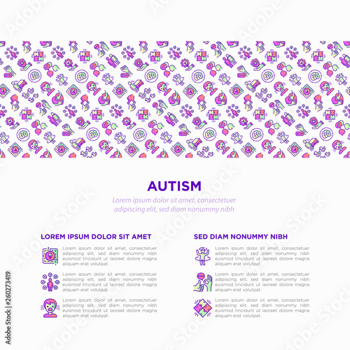 Autism concept, symptoms and adaptive skills thin line icons: repetitive behavior, stereotypy, ignoring of danger, autoaggression, hysterics, communication, social interaction. Vector illustration.