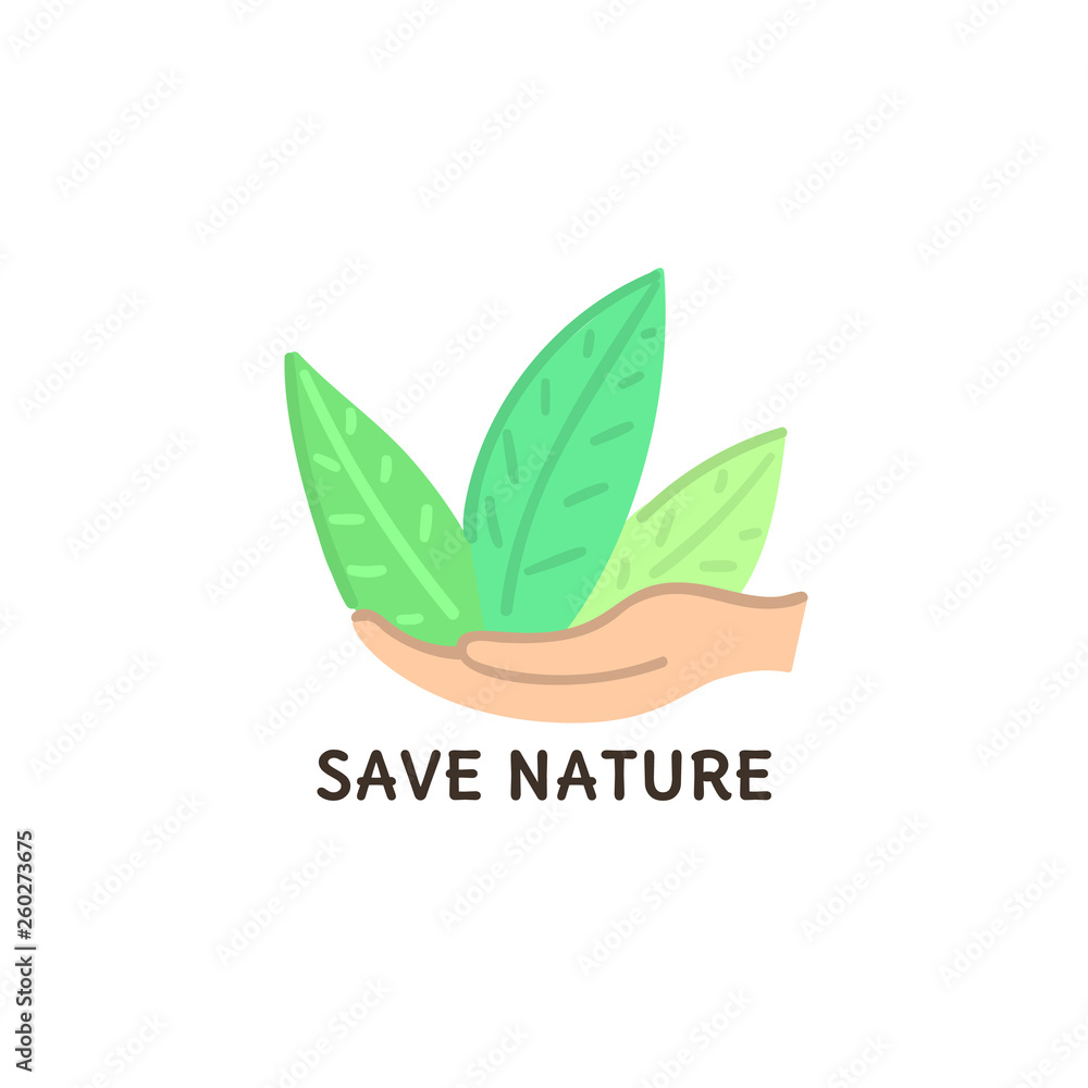 Human hands hold green plant. Abstract herb. Save nature. Eco friendly design. Environment protection. Banner, poster, invitation, card, brochure, flyer, label, print on clothes, logo. Vector, eps10