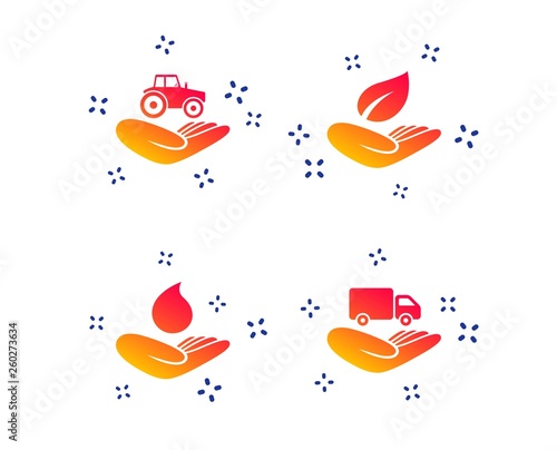 Helping hands icons. Agricultural tractor insurance symbol. Delivery truck sign. Save nature leaf and water drop. Random dynamic shapes. Gradient insurance icon. Vector