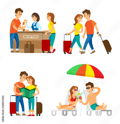 Reception and beach, travelers couple on vacation vector. Man and woman with baggage checking in, girl and guy with map and in swimsuits with cocktails