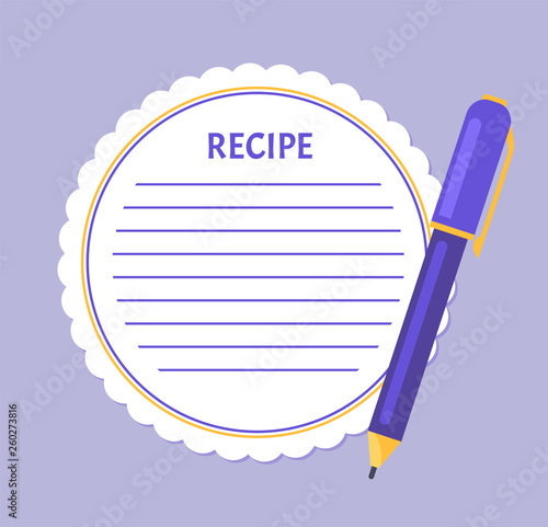 Recipe page empty sheet of paper with spare place to write in ingredients. Template of page from cookery book, food notice blank with pen or pencil, mockup