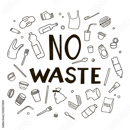 Set of elements of waste in doodle style.