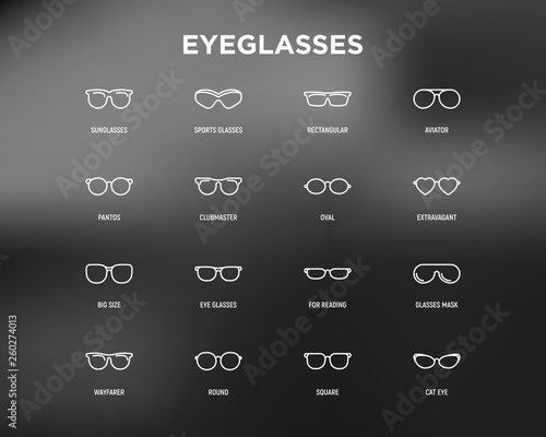 Eyeglasses thin line icons set: sunglasses, sport glasses, rectangular, aviator, wayfarer, round, square, cat eye, oval, extravagant, big size, for reading. Modern vector illustration.