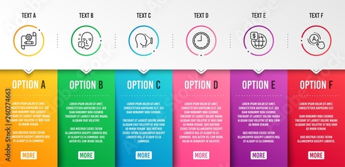 World money, Cogwheel blueprint and Time icons simple set. Face id, Face attention and Ab testing signs. Global markets, Edit settings. Science set. Infographic template. 6 steps timeline. Vector