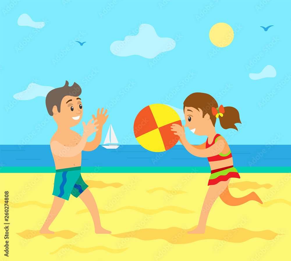 Boy and girl playing volleyball on beach, smiling people on coast throw ball. Sailboat and flying birds, summer activity, teenagers full length view vector