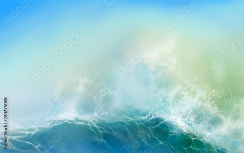 Summer sea waves background realistic illustration. Atmospheric landscape of the sea horizon on a hollow afternoon.
