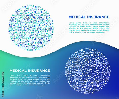 Medical insurance concept in circle thin line icons: policy, life insurance, psychological support, maternity program, 24/7 support, mobile app, telemedicine. Vector illustration for print media.