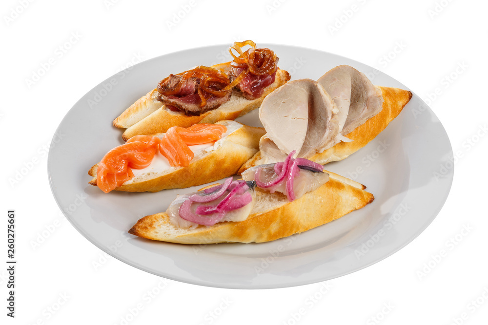 Cold appetizer before alcohol, food isolated white Cold appetizer before alcohol, food isolated white