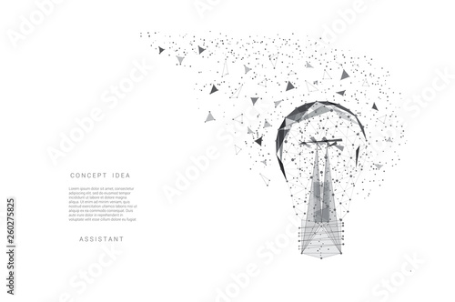  Light bulb of triangles and points. Background light gray lines. Concept idea. Vector Polygonal illustration.