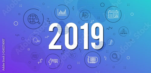 Infographic concept. Internet search, Calendar graph and Line graph icons simple set. Cogwheel dividers, Signature and Computer mouse signs. Gpu, Search and Quickstart guide symbols. 2019 year