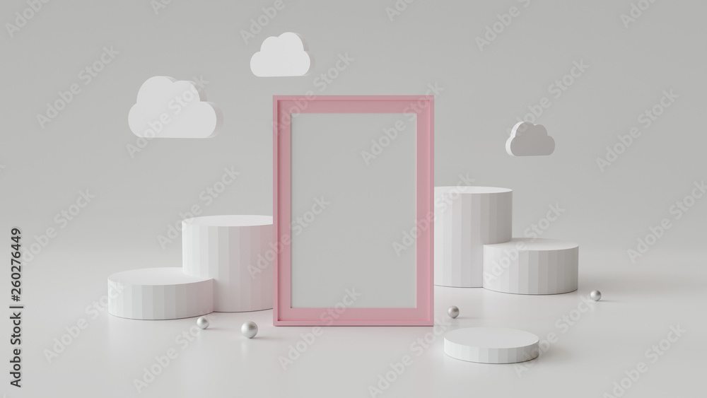 Blank picture frame with cylinder podium. Abstract geometric background for display or mockup. 3D rendering. Blank picture frame with cylinder podium. Abstract geometric background for display or mockup. 3D rendering.