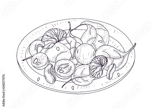 Tasty salad on plate hand drawn with contour lines on white background. Delic...