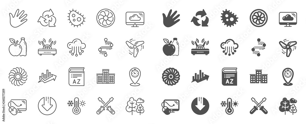 Company building, Vocabulary, Profits timeline line icons. Turbine, Wind, Thermostat icons. Tree, Bacteria, Healthy food. Company chart, wind turbine. Cloud services, Timeline, Download. Vector