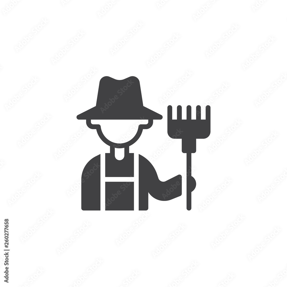 Farmer with pitchfork vector icon. filled flat sign for mobile concept and web design. Gardener with rake glyph icon. Agriculture, Farming and Gardening symbol, logo illustration. Pixel perfect vector