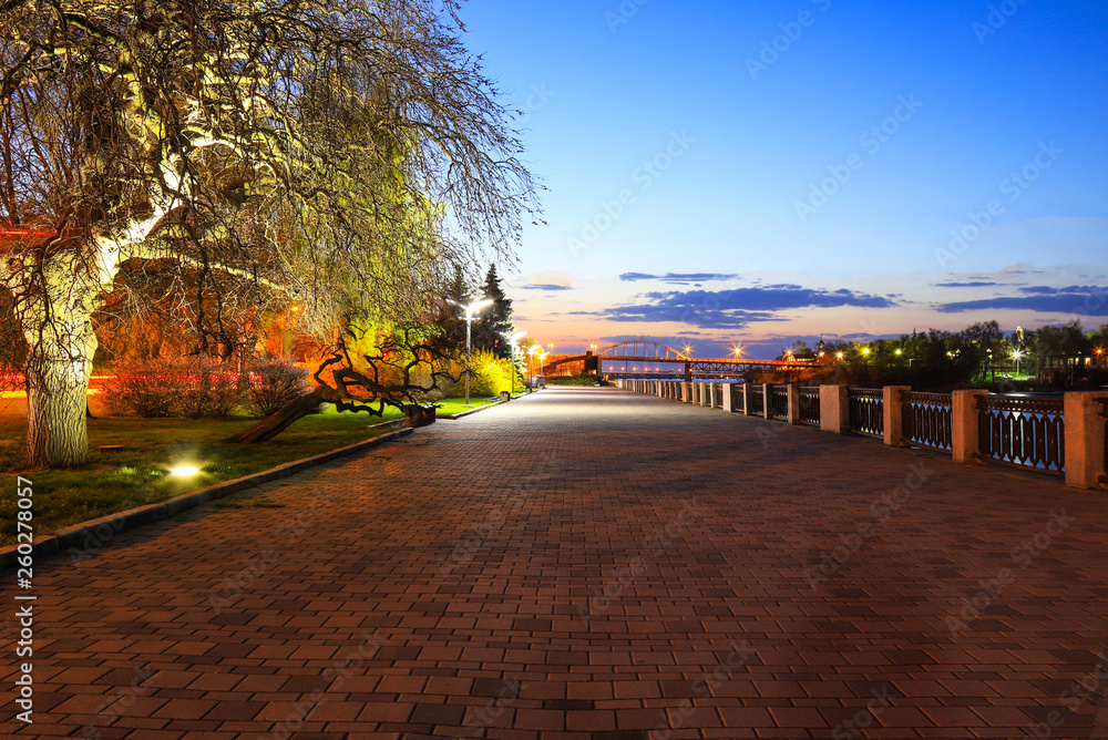 A picturesque stone street, a quay with brown tiles, lit by lanterns on a spring night. Large old tree and young flowering trees in the summer. Dnepropetrovsk, Dnipro city, Ukraine.