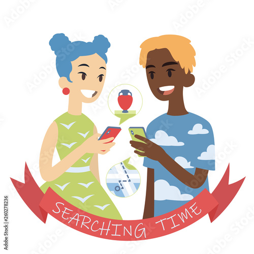 Couple with phones. Vector illustration of multicultural pair in flat cartoon style on background. African boy and asian girl looking at each other with smartphones in their hands. Searching route.