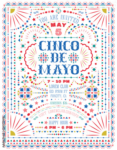 Cinco De Mayo celebration announce poster template with Mexican national decorative elements.