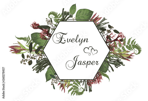 Plants, leaves, branches, brunia, blooming eucalyptus, leucadendron, gaultheria, salal, jatropha vector design frame.Wedding, watercolor seasonal flower card.Floral geometric composition.Editable