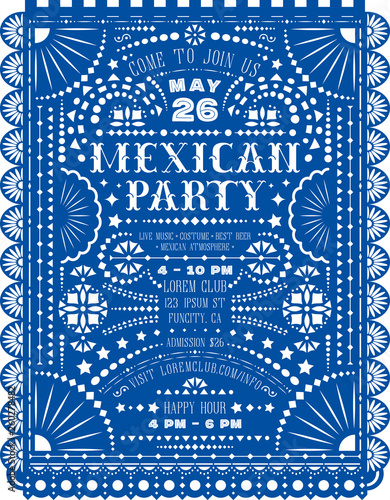 Mexican party announcing poster with paper cut design.