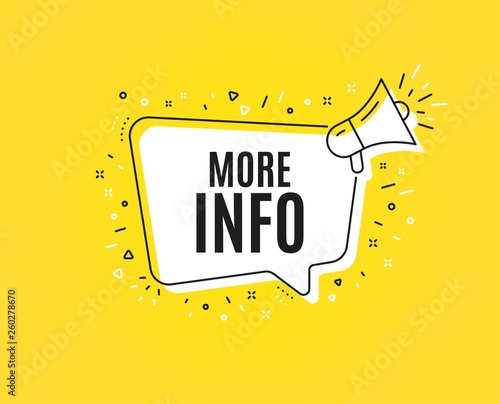 More info symbol. Megaphone banner. Navigation sign. Read description. Loudspeaker with speech bubble. More info sign. Marketing and advertising tag. Vector