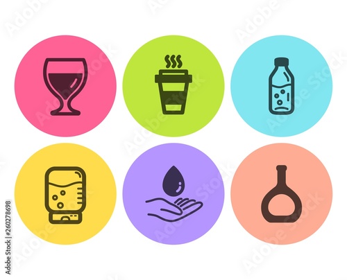 Water care  Wine glass and Water cooler icons simple set. Takeaway  Cognac bottle signs. Aqua drop  Cabernet wineglass. Food and drink set. Flat water care icon. Circle button. Vector