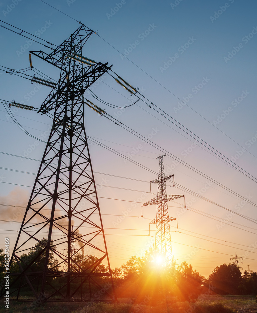 Fototapeta premium distribution electric substation with power lines and transformers