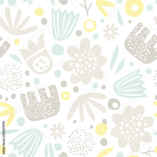 Childish seamless pattern with creative decorative flowers in scandinavian style. Great for textile, fabric, wrapper and wallpaper. Vector illustration. © bukhavets