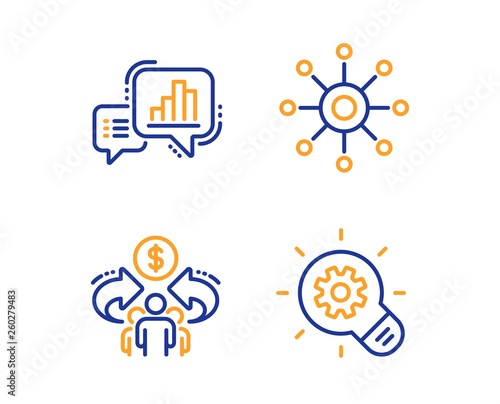 Graph chart, Multichannel and Sharing economy icons simple set. Cogwheel sign. Growth report, Multitasking, Share. Idea bulb. Science set. Linear graph chart icon. Colorful design set. Vector