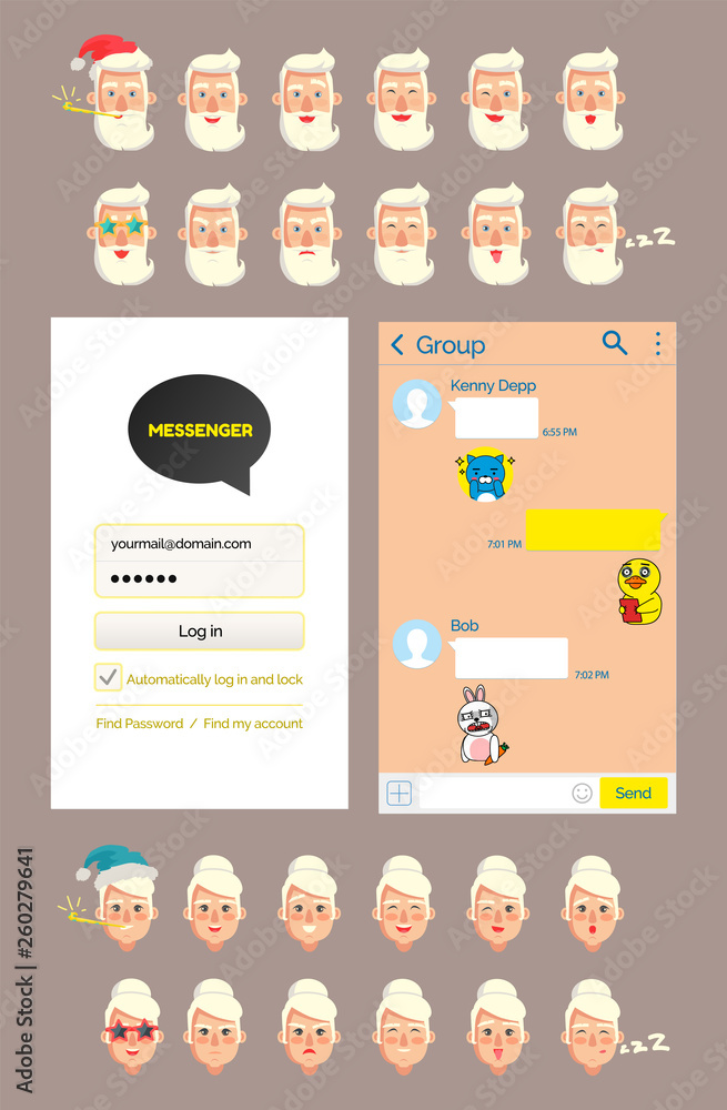 Obraz premium Interface of kakaotalk messenger vector, stickers with old man. Grandfather emoticons, granddad wearing Santa Claus hat, angry and sleepy grandmother