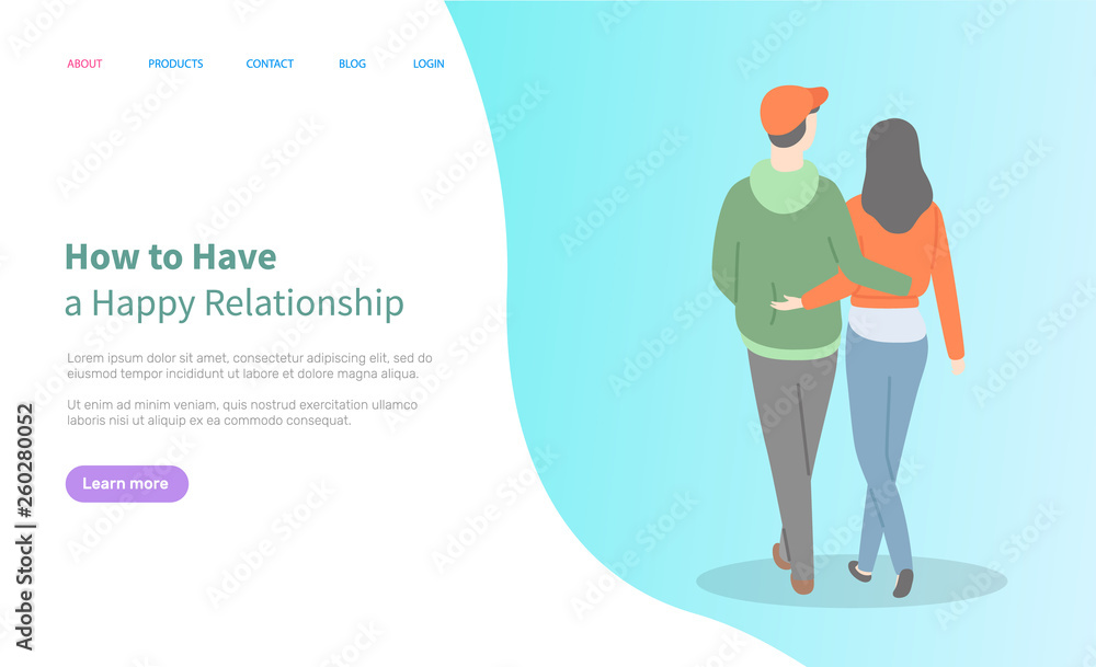 How to have happy relationship online, blue homepage decorated by hugging couple, back view of going people together, psychology mobile app vector. Website or webpage template, landing page flat style How to have happy relationship online, blue homepage decorated by hugging couple, back view of going people together, psychology mobile app vector. Website or webpage template, landing page flat style