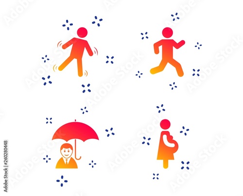 Businessman with umbrella icon. Human running symbol. Man love Woman or Lovers sign. Women Pregnancy. Life insurance. Random dynamic shapes. Gradient people icon. Vector