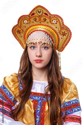 Traditional Russian folk costume, portrait of a young beautiful girl