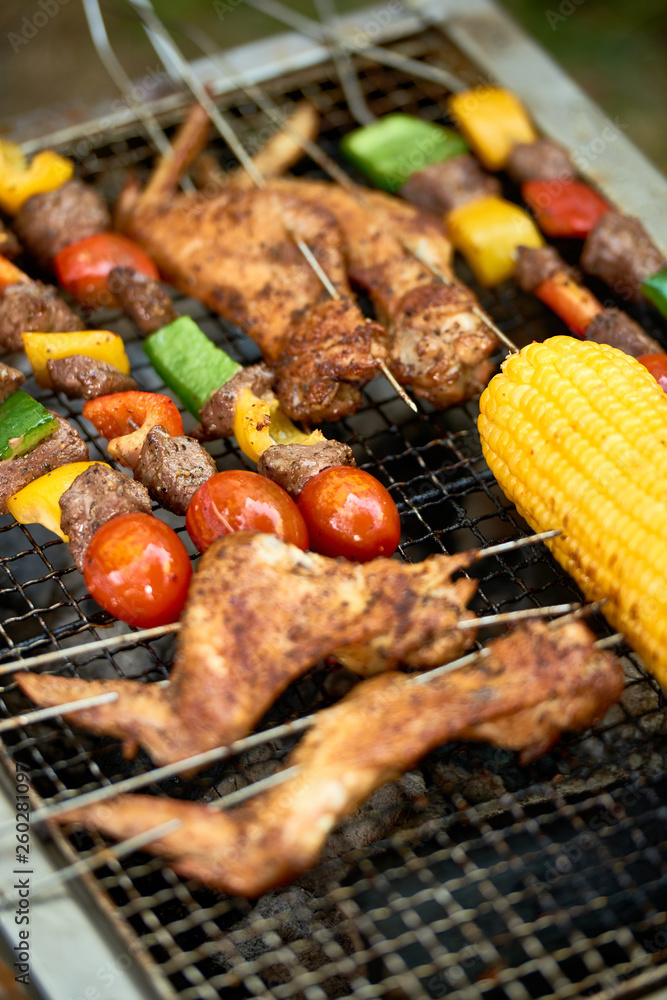 Grilling meat and vegetables
