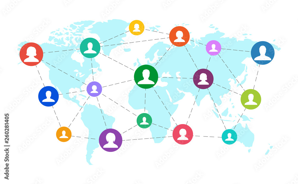 People of different nationalities, from different countries and continents, on the world map. Social network community concept. People of different nationalities, from different countries and continents, on the world map. Social network community concept.