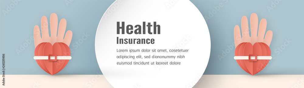 Obraz premium Vector illustration in concept of health insurance. Template design is on pastel blue background for cover, web banner, poster, slide presentation. Art Craft for kid in 3D paper cut style.